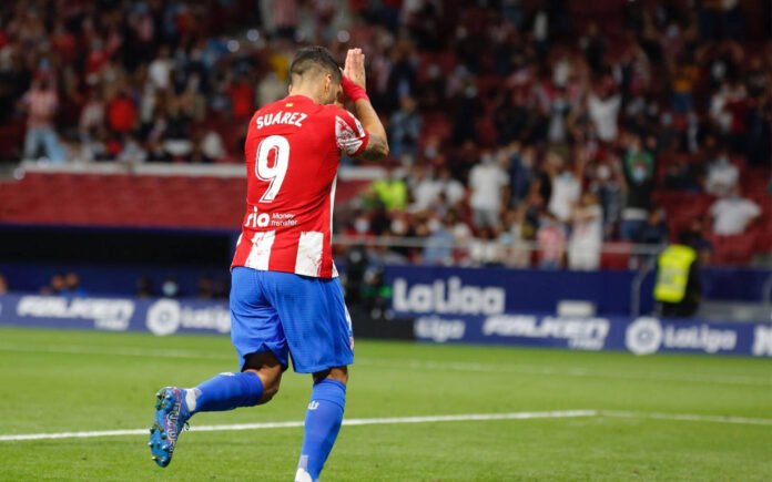 Madrid, Spain. 2nd October 2021: Luis Suarez, forward from Atletico de Madrid, celebrating after scoring during LaLiga